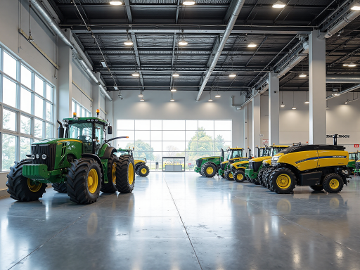 现代化农机工厂外景，建筑宽敞明亮，门口停放着各种农业机械，环境整洁有序