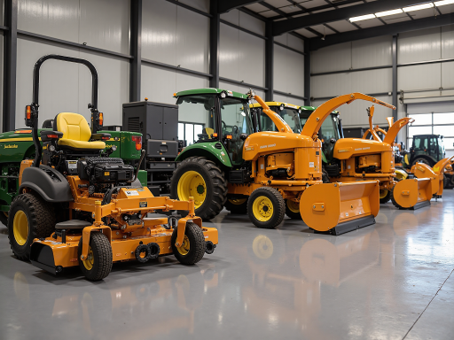 现代化农机生产车间，工人正在组装大型农业机械，车间内设备先进，环境整洁有序