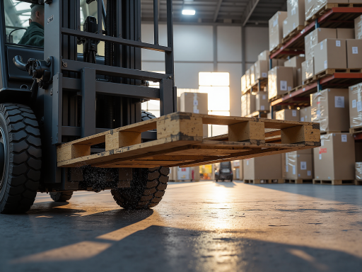 农用装载机在仓库中作业，橙色车身，铲斗装满农作物，工作效率高