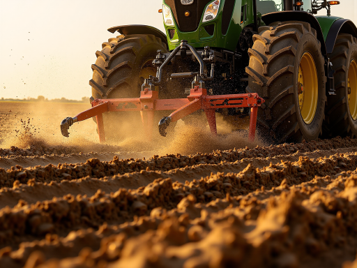 大型旋耕机在田间作业，机器宽大，刀片锋利，翻耕后的土地平整松软